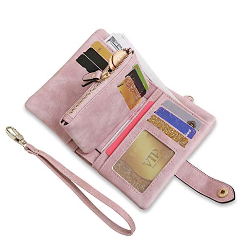AOXONEL Women's Small Bifold Leather wallet Rfid blocking Ladies Wristlet with Card holder id window Coin Purse - color: Pink