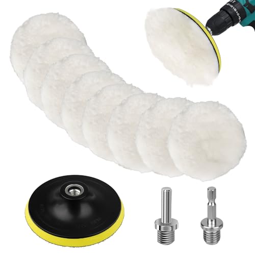 Linkstyle 11PCS 5 Inch Wool Polishing Buffing Pad Kit, Car Polishing Kit for Drill Buffer Attachment with M14 Drill Adapter for Waxing, Car Detailing, Metal Glass Surface