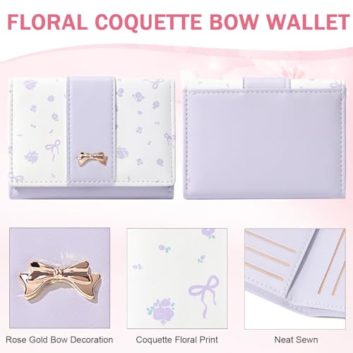 Trendlooks Cute Coquette Bow Small Wallet for Women Girls | Mini Wallet, 7 Card Slots, ID Window, Cash Slot - color: PURPLE