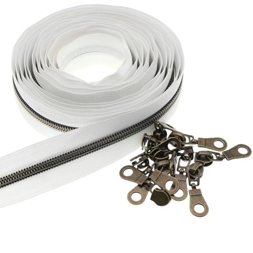 #5 Antique Brass Coil Zipper 5 Yards White Tape 10pcs Antique Brass Slider - color: White-brass