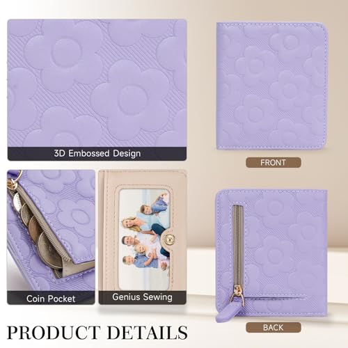 Small Wallet Women Slim RFID Leather Bifold Wallet Embossed Design | Compact design with ID window, card slots, and zipper coin pocket, ideal for daily travel, shopping, and gifts - color: 08-Lavender