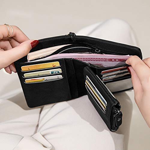AOXONEL Women's Small Bifold Leather wallet Rfid blocking Ladies Wristlet with Card holder id window Coin Purse - color: Black3