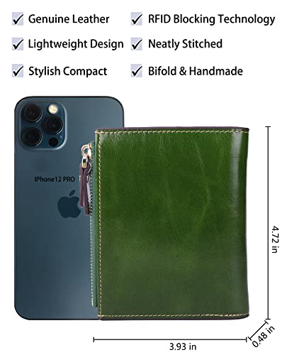 Women's RFID Blocking Leather Small Compact Bi-fold Zipper Pocket Wallet Card Case Purse with id Window - color: Waxed Green