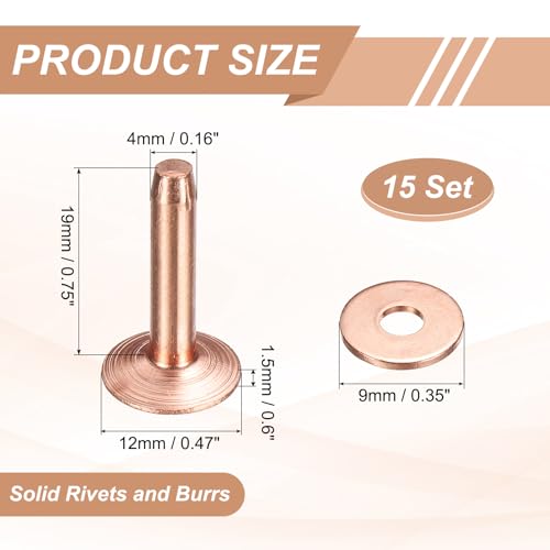 HARFINGTON 15Set Copper Rivets and Burrs Washers 12x4x19mm Dimpled Finish Solid Leather Rivet Fastener Studs Posts for Leather DIY Craft Belts Wallets Collars, Copper Tone - color: Copper Tone, size: 12x4x19mm