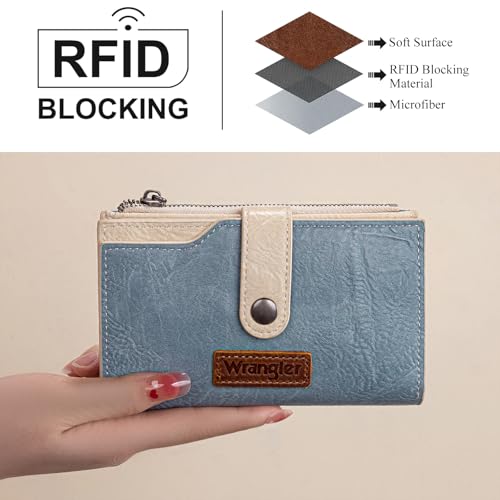 Wrangler Wallet for Women Bifold Card Holder with Zipper and ID Window - color: Tan-Jeans Blue