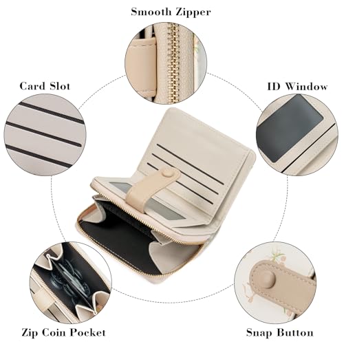 GAEKEAO Small Wallet for Women Vegan Leather Bifold Card Holder RFID Blocking Ladies Purse Floral Pattern with Zipper Pocket - color: Y06-Apricot