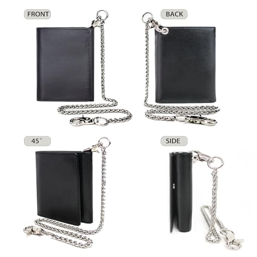 boshiho Genuine Leather Bifold Chain Wallet for Men RFID Blocking - color: Plain Leather Black