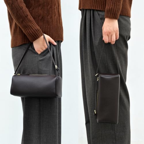 DONNAIN Premium Full Grained Leather Crossbody Purses and Barrel Bag - color: Coffee