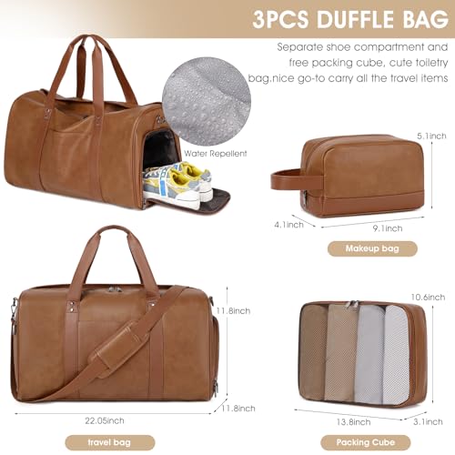 3PCS Faux Leather Weekender Bag for Women Men Travel Bag Overnight Bags | Leather Travel Duffel Bags for Traveling with Shoe Compartment Toiletry Packing Cube Carry On Tote Bag Men Fit 21.5" Laptop - color: Light Brown