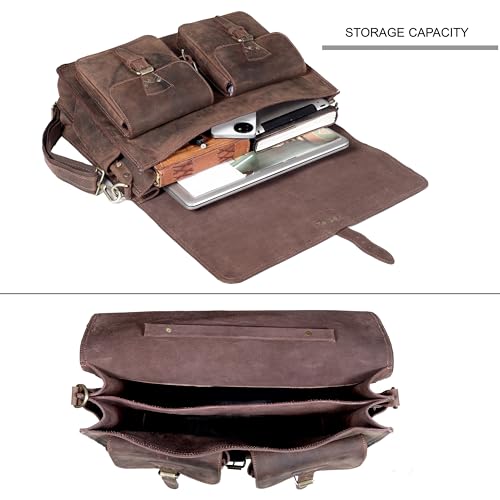 Vintage Leather Messenger Bag for Men & Women, Multi-Pocket Briefcase Satchel, Laptop Shoulder Bag - size: 18 inch Large
