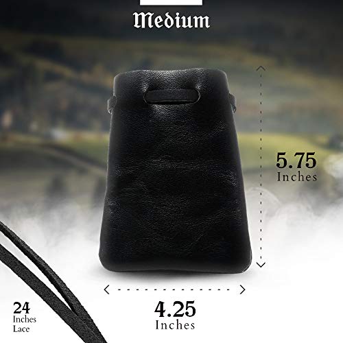 Leather Drawstring Pouch, Coin Bag, Medicine Tobacco Pouch Medieval Reenactment Made in U.S.A. by Nabob Leather Size 5.75" x 4.25" - color: Black, style: Medium