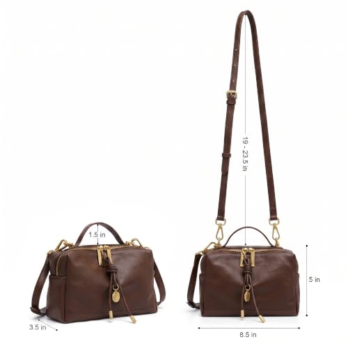 Genuine Leather Shoulder Bag for Women Small Top Handle Bag Crossbody Purse | Smooth Double Zipper Detachable Adjustable Strap Gold-Tone Hardware and Organized Three-Compartment Interior - color: Brown