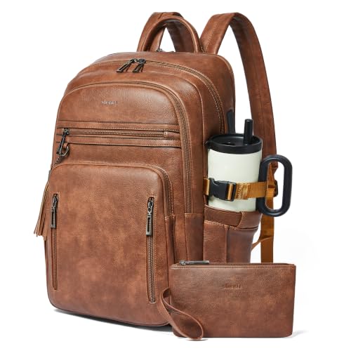 17 Inch Laptop Backpack Purse for Women with Giant Tumbler Holders | Vegan Leather,Travel Work Business College Bookbag Teacher Nurse,USB Port,RFID Wristlet Purse,28L Large Capaity,Caramel Brown - color: Caramel Brown