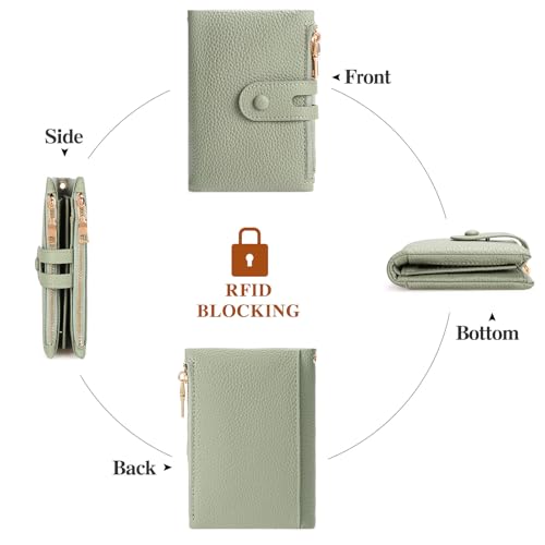 FALAN MULE Small Wallet for Women Leather RFID Blocking Wristlet Bifold Card Holder with Double Zipper Pockets - color: R-Light green