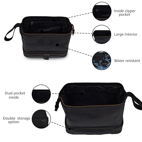 LEATHER VILLAGE Leather Toiletry Bag for Men, Travel Dopp Kit Shaving Bag | Full grain buffalo leather, two zip compartments, 9.6x5.5x5.1 in, YKK zippers, water-resistant lining, shaving kit- Black - color: Black