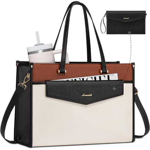 LOVEVOOK Laptop Tote Bag Women 2-in-1 Work Purse Computer Briefcase Handbag | Envelope Wristlet Clutch, Professional Work Bag for Business Office Teacher College Commute, Large PU Leather Messenger Bag - color: Black White Brown, size: 17.3 inch