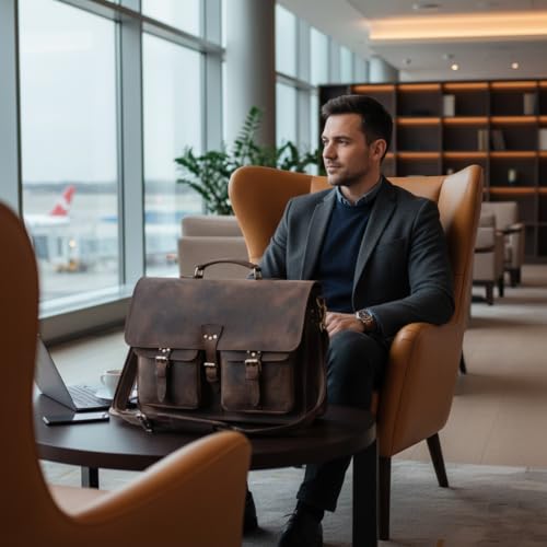Vintage Leather Messenger Bag for Men & Women, Multi-Pocket Briefcase Satchel, Laptop Shoulder Bag - size: 18 inch Large