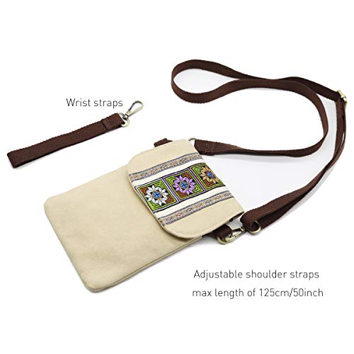 SILKAREA Vintage Embroidered Canvas Flip Small Crossbody Bag Cell Phone Pouch for Women Wristlet Wallet Bag Coin Purse - color: Khaki