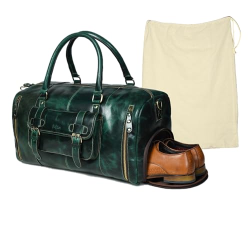 Genuine Full Grain Leather Carry On Travel Bag 21x11x10 with Trolley Straps, Shoe Compartment, Shoulder Strap by De Lira - Upland Green - color: Upland Green
