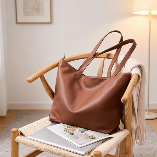 WLLWOO Soft Vegan Leather Tote Bag for Women Large Hobo Zipper Purse | Casual Shoulder Handbags Carryall for Work Daily Weekender Travel Commute - color: Brown