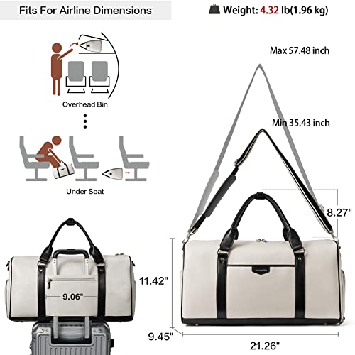 BOSTANTEN Weekender Bags for Women Leather Duffle Large Travel Bag Carry On Duffel with Shoe Compartment | Laptop& Shoe Compartment, Trolley Sleeve, Fits Under-seat, Airline-Friendly Carry-on Size, Weekend Getaways, Travel, Business - color: White & Black