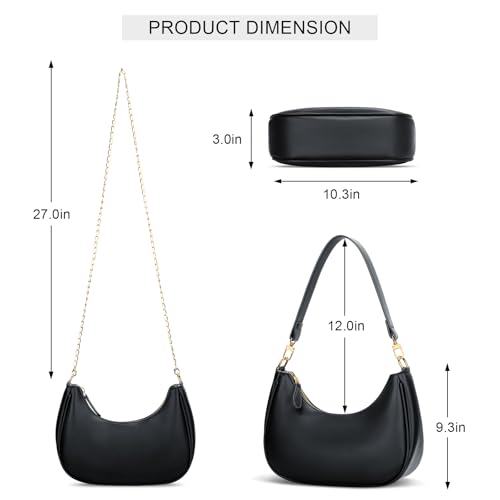 KKXIU Small Shoulder Bag for Women Mini Clutch Purses Cute Hobo Handbags | Classic Trendy Retro Underarm Crossbody Bag with Detachable Straps, Vegan Leather, Zipper Closure - color: Black