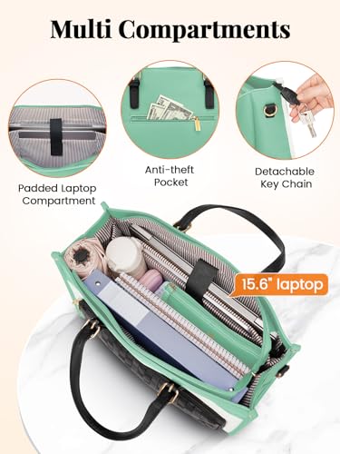 MATEIN 15.6 Inch Lunch Bag, Laptop Tote with Lunch Compartment for Women | PU Leather Computer Handbag, Water Resistant Shoulder Bag for Women, Office Business Gift, Teacher Nurse Office Tote, 2 Sets - color: Green