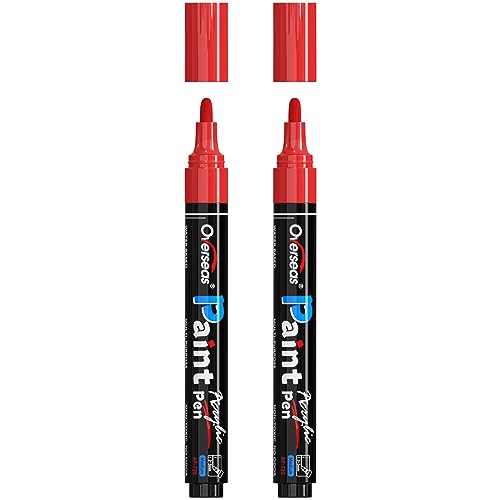 Overseas 2 Pack Red Acrylic Paint Pens Permanent Markers, Medium Tip | Waterproof, Quick Dry, Great Coverage, Water Based Acrylic Paint Markers for Wood, Canvas, Rock, Glass, Leather, Metal - color: Red