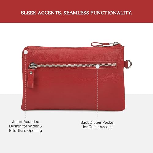 Leather Wristlet Wallet for Women Clutch Handbag Purse with Cell Phone Slot | Genuine Top Grain Leather, 8 Credit Card Slots, Detachable Strap, YKK Zipper, Gifts for Women - color: Red Nappa