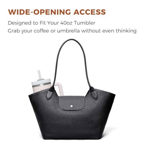 Genuine Leather Tote Bag for Women Minimalist Roomy Shoulder Purse - color: Black