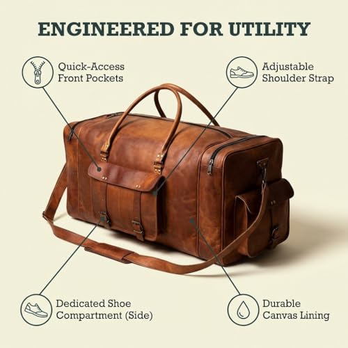 Leather Duffle Bag for Men Luggage Handmade Travel Bag Carry On Luggage Weekender Bags Overnight Gym Sports Cabin Holdall Bag For Airplanes Men And Women (21 Inch Brown) - size: 21 inch