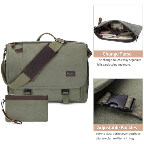 Nerlion Messenger Bag for Men 17-17.3 Inch Laptop Bag Canvas Water-resistant Computer Bag Shoulder Bag Work Briefcase Bookbag for College (Green) - color: Green