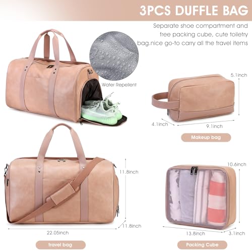 3PCS Faux Leather Weekender Bag for Women Men Travel Bag Overnight Bags | Leather Travel Duffel Bags for Traveling with Shoe Compartment Toiletry Packing Cube Carry On Tote Bag Men Fit 21.5" Laptop - color: Pink