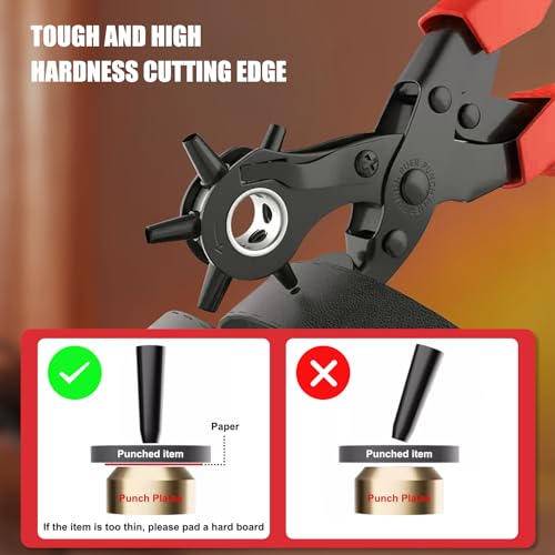 Diyife Leather Hole Puncher, Full Set Punch Tool Kits for Belts, Leather | Double-lever Design, Sturdy & Durable, Safety Locking Handles, 3 Extra Punch Plates Included, 6-Size Quick Adjustment, Red - color: Red
