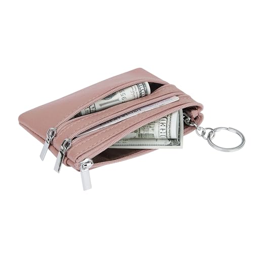 Women Genuine Leather Coin Purse Small Keychain Change Wallet - color: Dark Pink