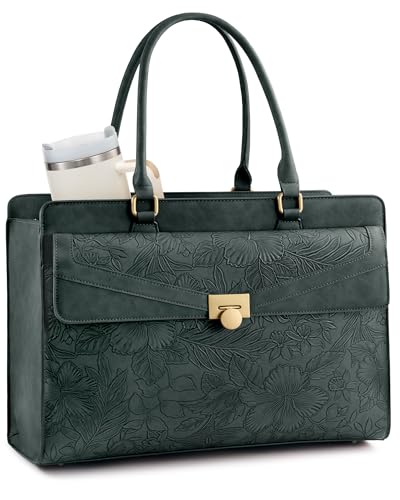 LOVEVOOK Laptop Tote Bag for Women, PU Leather Work Bag, Teacher Tote - color: Green Embossed, size: 17.3inch