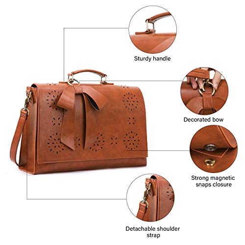 ECOSUSI Women's Briefcase Vegan Leather Laptop Bag for Work Shoulder Computer Satchel Bag with Detachable Bow - color: L-brown