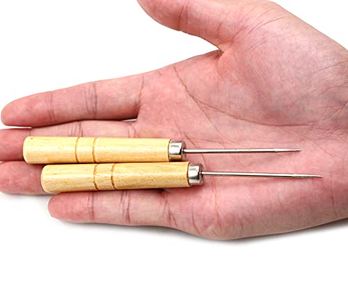 Chiloskit 2PCS 5inch Wooden Handle Scratch Awl Tool Pin Punching for Leather or Paper (Straight Handle) - color: Straight handle