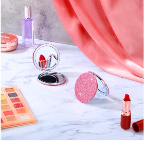 Cute Pink Compact Mirror for Women,Small Magnifying Travel Mirror with Glitter,Portable 2 x 1x Magnification Folding Pocket Makeup Mirror Cosmetic Mirror for Gift Travel Essentials - color: Pink-round