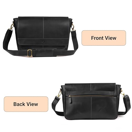 Genuine Leather Messenger Bag - Crossbody Briefcase Satchel Bag for Men & Women - Office, Work, Travel & Daily Use - color: Black (Strap)