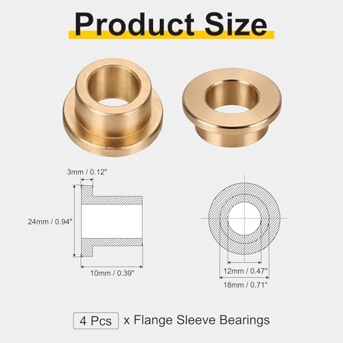 uxcell 4Pcs Flange Sleeve Bearings, 12mm Bore x 18mm OD x 10mm Length, Self-Lubricating Sintered Bronze Bushings - size: 12x18x10mm