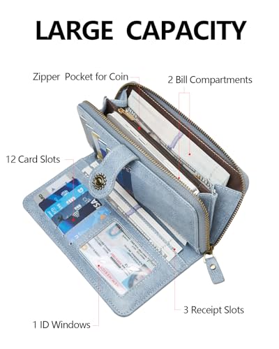 TFKGS Wallet for Women RFID Blocking Leather Large Capacity Card Holder Ladies Phone Clutch Travel Long Purse Wristlet | RFID Blocking - color: 2-Upgrade-Wax-Blue