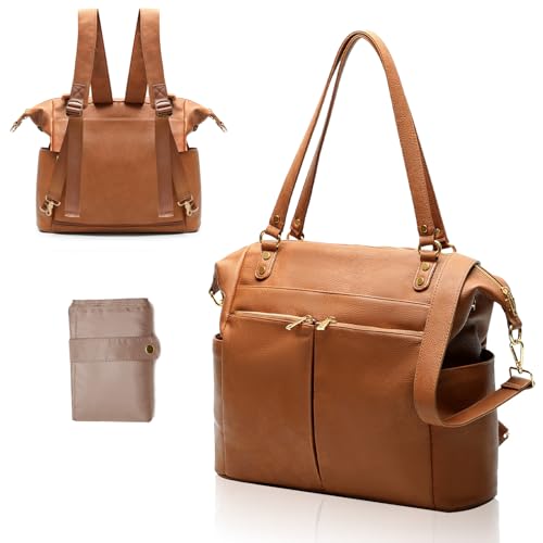 MOMINSIDE Diaper Bag Tote Convertible Diaper Bag Backpack Tote Leather | 4 in 1 Baby Bag Hospital bag 13 Pockets Travel Diaper Tote Pañaleras Para Bebe with Changing Pad for Mom & Dad(Brown) - color: Brown