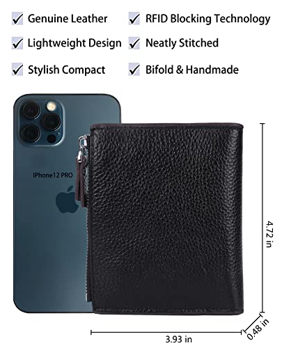 Women's RFID Blocking Leather Small Compact Bi-fold Zipper Pocket Wallet Card Case Purse with id Window - color: Lichee Black