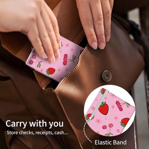 Checkbook Cover for Personal Checkbook, Cute Pu Leather Check Book for Women & Men, Slim Checkbook Holder with Pen Holder and Built-in Clear Plastic Divider, Pink Strawberry - color: Pink Strawberry