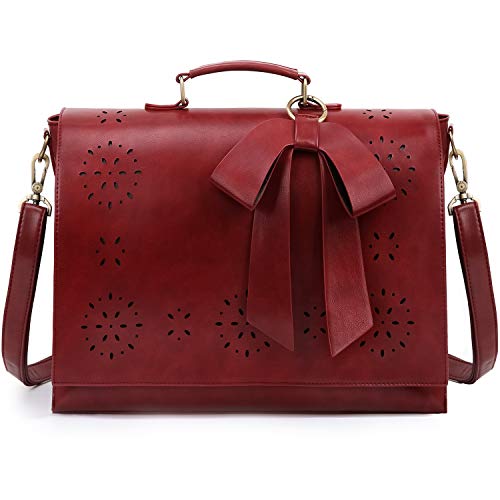 ECOSUSI Women's Briefcase Vegan Leather Laptop Bag for Work Shoulder Computer Satchel Bag with Detachable Bow - color: L-red