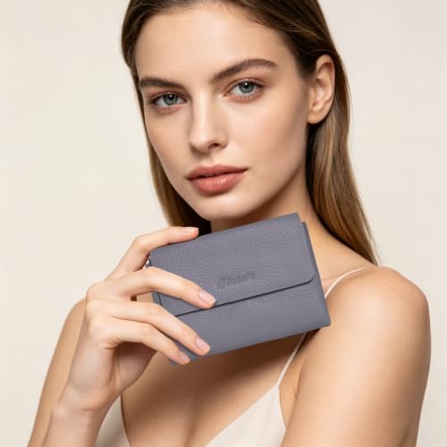 Women's Bifold Wallet, Genuine Leather, Magnetic, ID Window | Holds 10+ Cards, 2 Zip Coin Pockets, Pebbled Cowhide, Snap Closure, Large Capacity, Multiple Colors, Compact 5.5x3.9in - color: B-Dark Gray