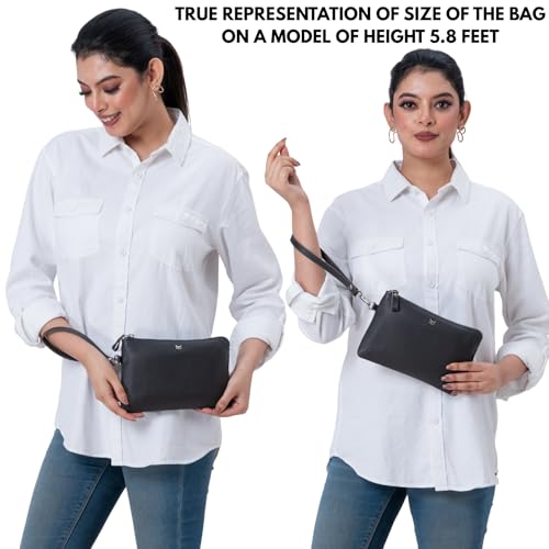 Leather Wristlet Wallet for Women Clutch Handbag Purse with Cell Phone Slot | Genuine Top Grain Leather, 8 Credit Card Slots, Detachable Strap, YKK Zipper, Gifts for Women - color: Dark Grey Nappa