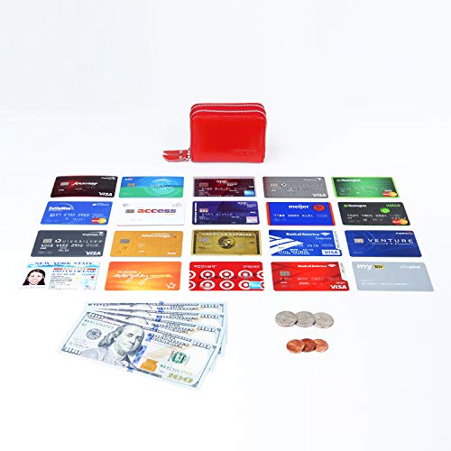 KALMORE Wallets for Women Genuine Leather Double Zipper RFID Blocking Purse with Coin Pocket - color: Red