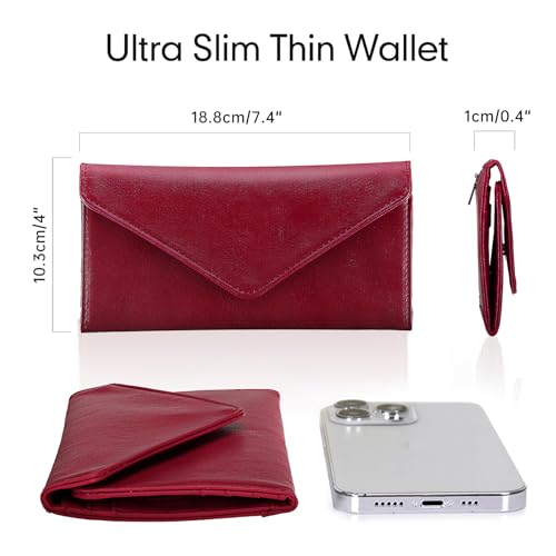 Rfid Credit Card Holder Wallets for Women Leather Zipper Slim with Coin Pocket, Wine Red - color: Wine Red
